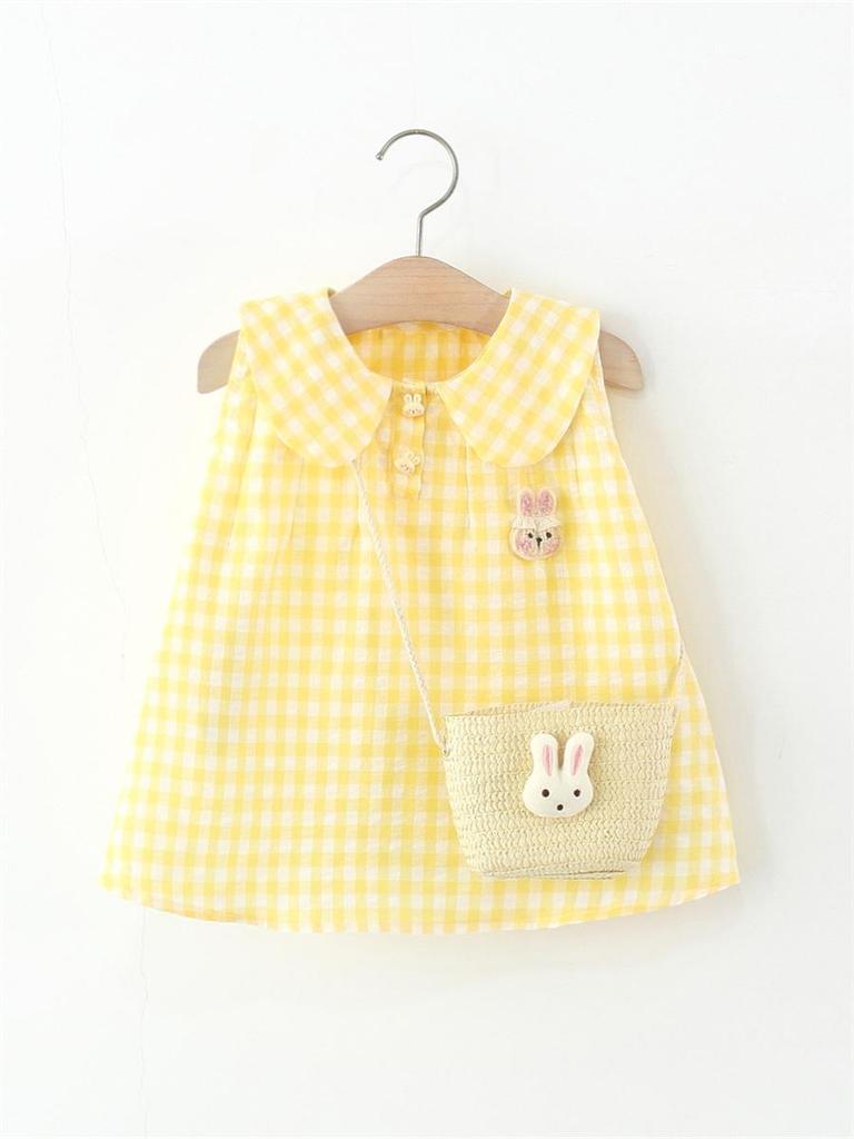 Girls' Plaid Sleeveless A-line Dress with Peter Pan Collar and Bunny Bag
