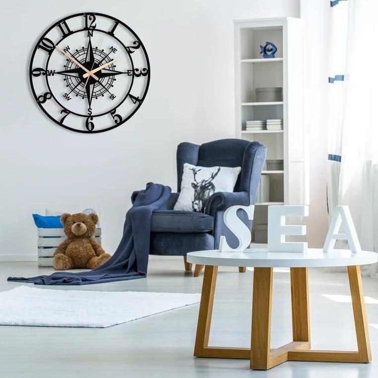 Large World Map Wall Clock, Metal Minimalist Modern Clock, Round Silent Non-Ticking Battery Operated Wall Clocks for Living Room/Home