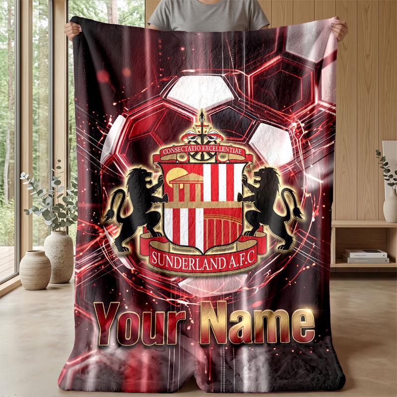 Sunderland FC Custom Name Text Flannel Blanket Soccer Logo Personalized Fleece Throw Blanket Special Gift For Sofa Bedroom Home