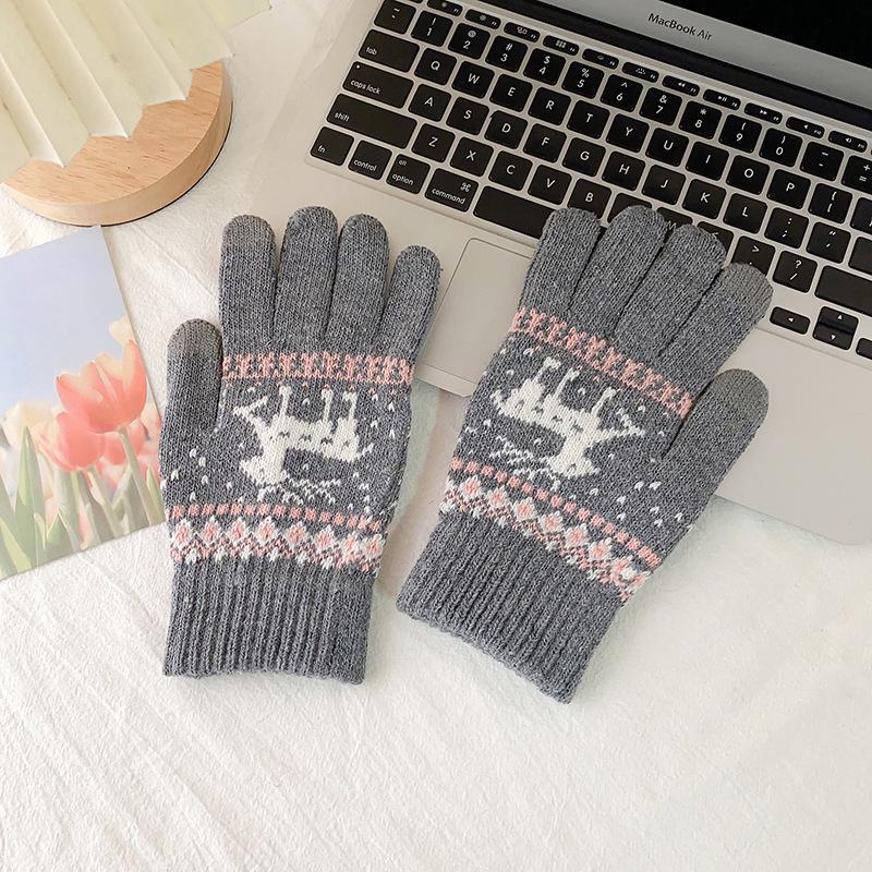 Damen Winter Warme Touchscreen Handschuhe - Dickes Samtstrick mit Niedlichem Elchmuster für Outdoor Radfahren