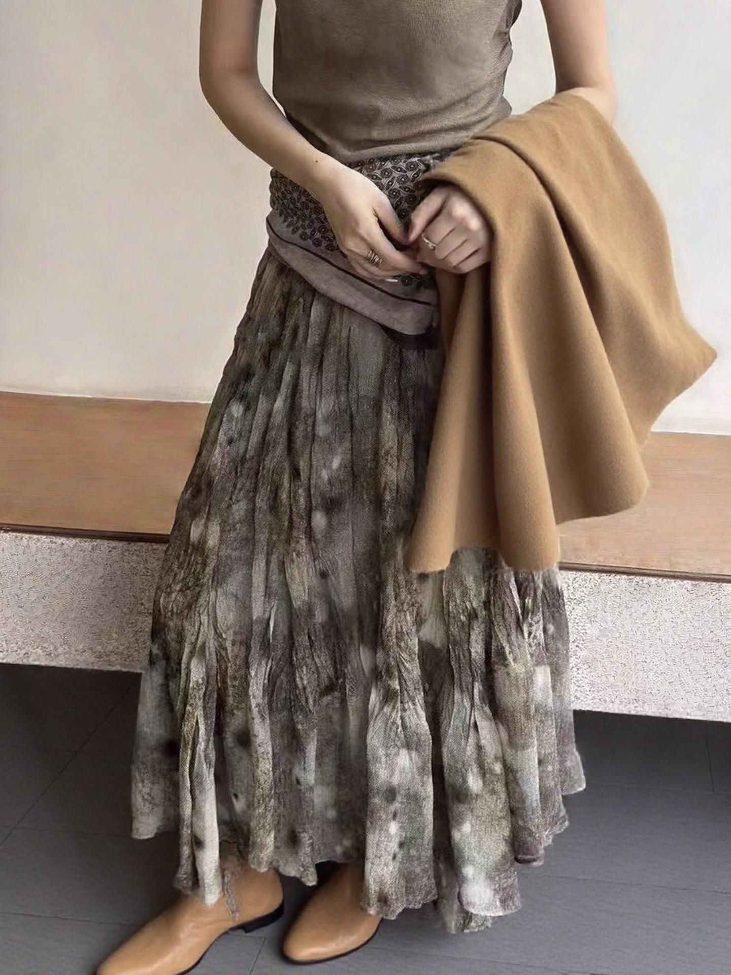 Women s Retro Tie-Dye Mesh Midi Skirt - Autumn/Winter Slim Fit with Irregular Hem One Size зелёный