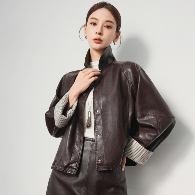 

Женская куртка из кожи ягненка Весна и Осень 2025, маленький размер, приталенная, короткая, трендовая Extra Large кофейный