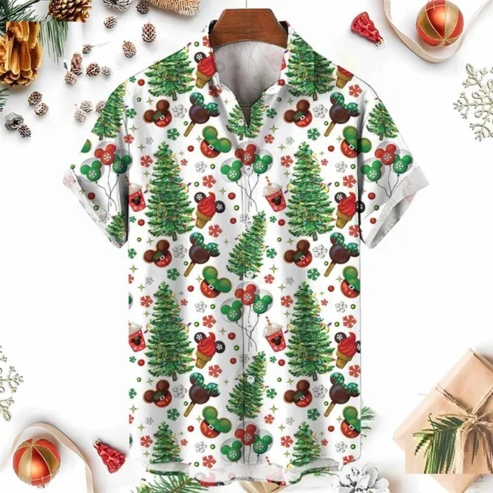 Retro Style Christmas Tree Reindeer Snowflake Printed Short Sleeved Shirt for Men and Women Christmas Holiday Loose Casual Shirt