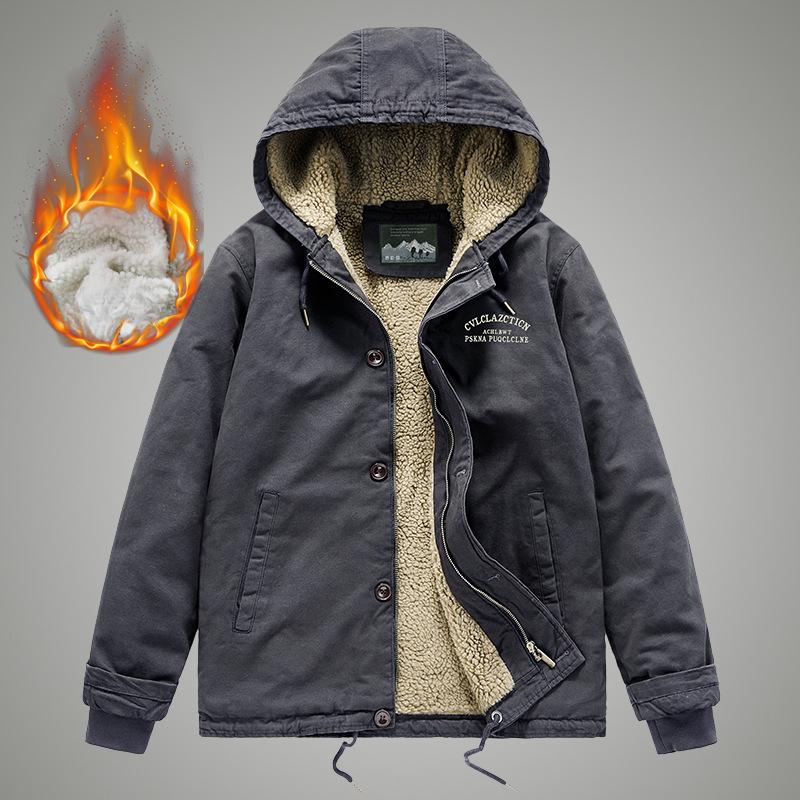 Winter Cotton-padded Men's Casual Lamb Wool Cotton-padded Jacket Large Size Velvet Middle-aged and Young People Hooded Cotton-padded Clothes Retro