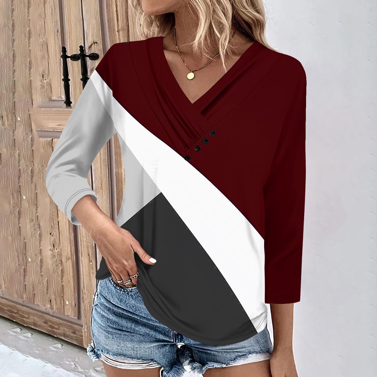

Женские повседневные футболки с рукавом 3/4 для выходных с V-образным вырезом и принтом, свободные плиссированные футболки, женская блузка XL винный