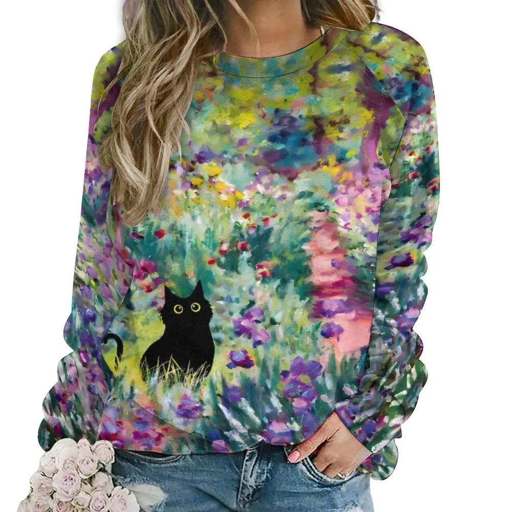 Urocze Koty Kwiatowe Bluzy Kwiatowy Druk 3D Damskie Nowe Bluzy z Kapturem O-Szyjne Codzienne Streetwear Pulowery Harajuku Top Damska Odzież