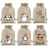 Christmas Drawstring Bags Set of 6 Featuring Flannel Linen Fabric with Pull String Closure and Festive Holiday Patterns