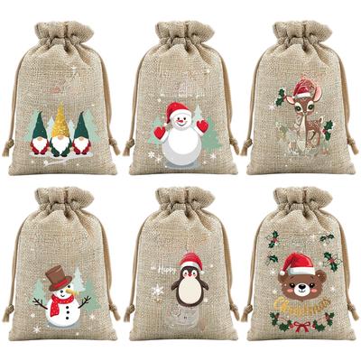 Christmas Drawstring Bags Set of 6 Featuring Flannel Linen Fabric with Pull String Closure and Festive Holiday Patterns