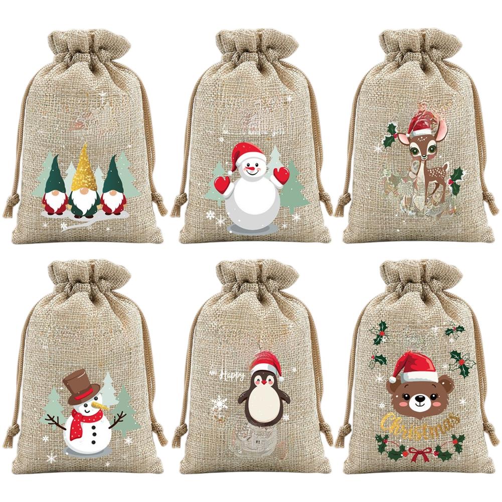 

Christmas Drawstring Bags Set of 6 Featuring Flannel Linen Fabric with Pull String Closure and Festive Holiday Patterns A