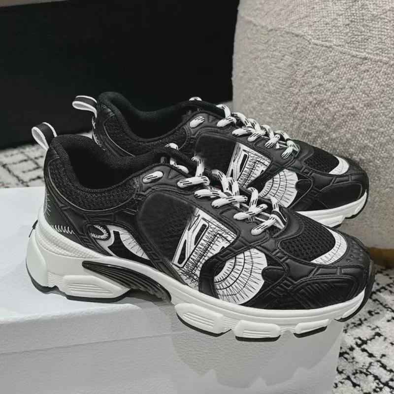 D's Mesh Contrast Running Shoes: Stylish Couple's Dad Shoes with Thick Sole, Lace-up Design for Men and Women