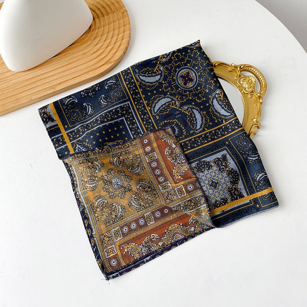 Retro Flower Silk Scarf Autumn and Winter Temperament Elegant Scarf Herringbone Silk Scarf Double-sided Literary Square Scarf Cotton and Linen Square