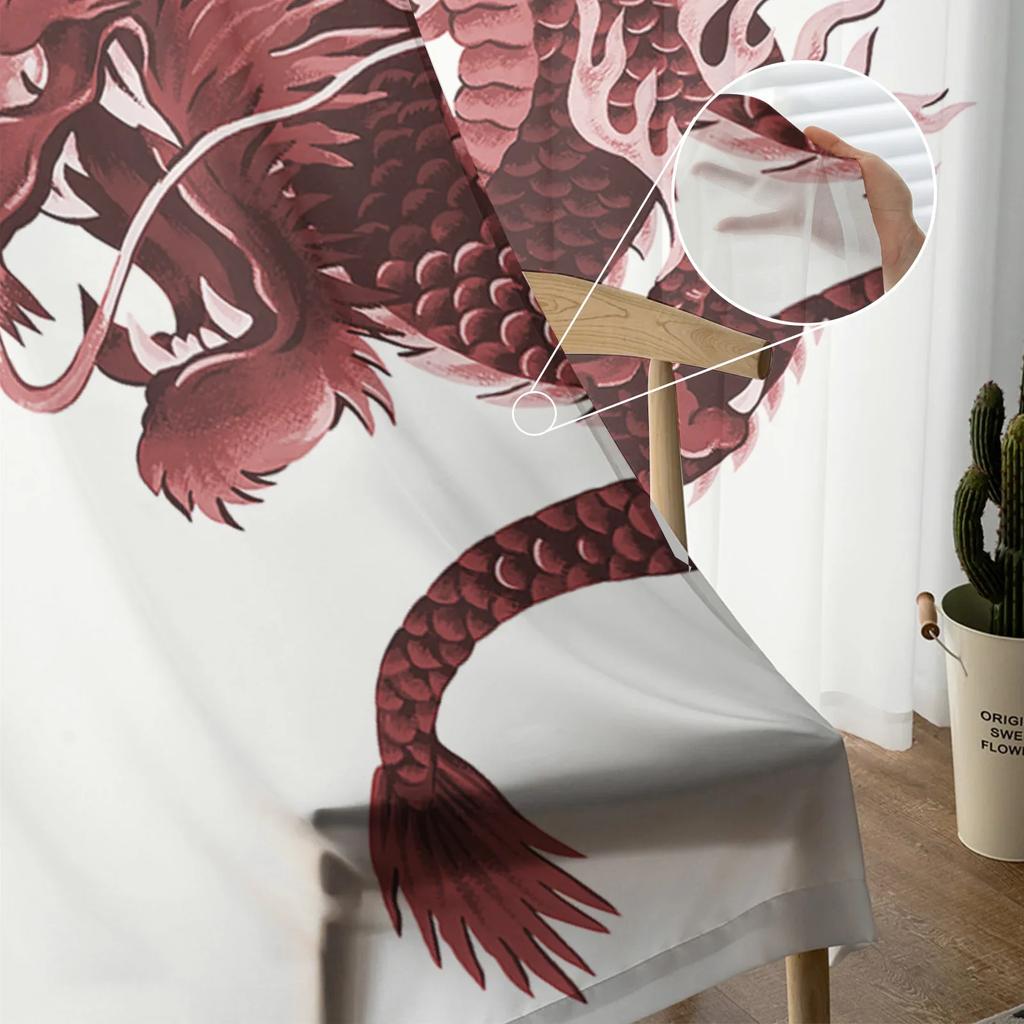 Asian Red Angry Dragon Chiffon Sheer Curtains for Living Room Bedroom Home Decoration Window Voiles Tulle Drapes Curtain
