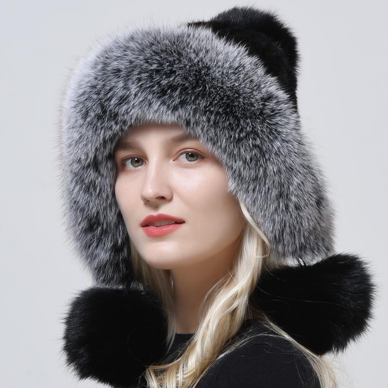Real Mink Fur Hats Knitted Ear Cap Genuine Warm Snow Fluffy Female Fox Fur Hat Outdoor Luxury Woman Hat