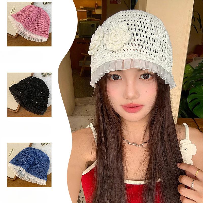 Korean Version of Mesh Three dimensional Flower Head Hat for Women In Summer Breathable and Fashionable Face showing Small Hat White Hollow Head Hat