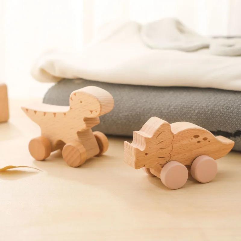 1PC Baby Holz Spielzeug Buche Holz Cartoon Dinosaurier Auto Montessori Pädagogisches Spielzeug Junge Mädchen Baby 0-12 Monate spielzeug Neugeborenen Geschenke