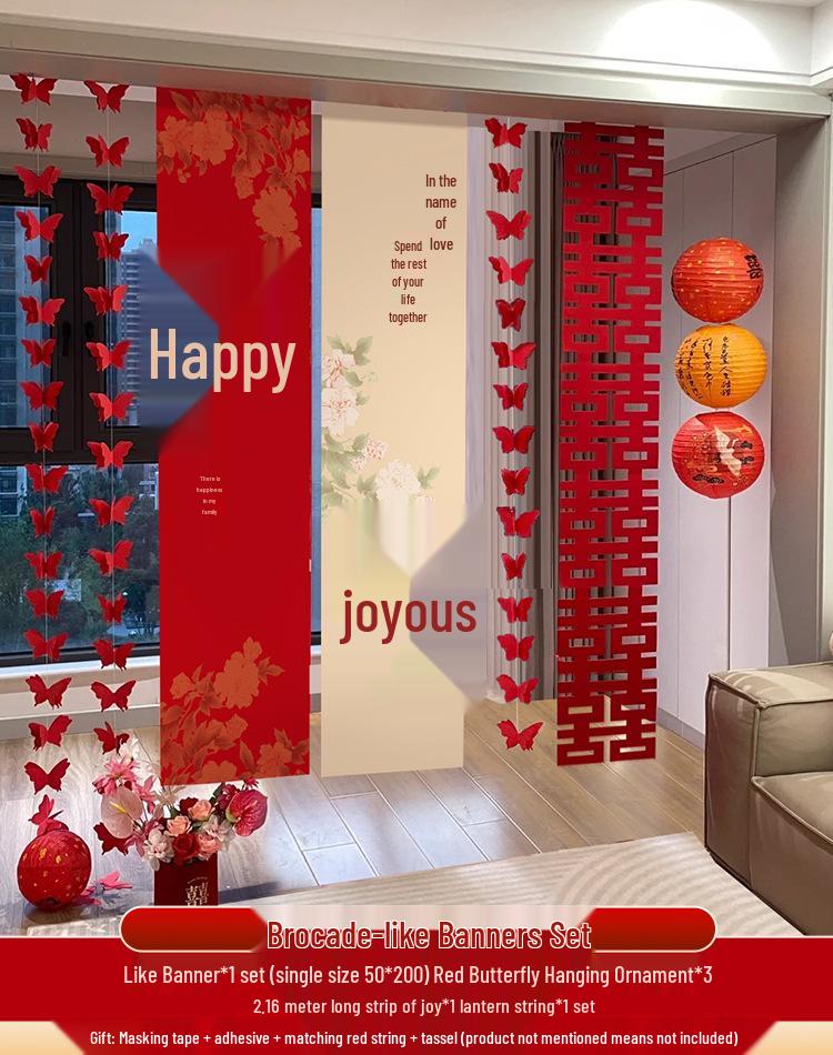 Double Happiness Wedding Room Cloth Banner Set for Ceremony and Hotel Décor