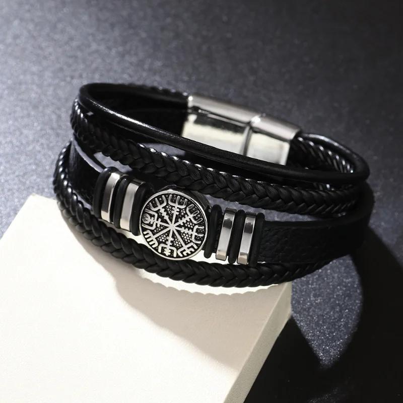 Trendy Norse Viking Men Bracelet Fashion All-match Multi-layer Braided Leather Bracelets Scripture Compass Birthday Party Gifts