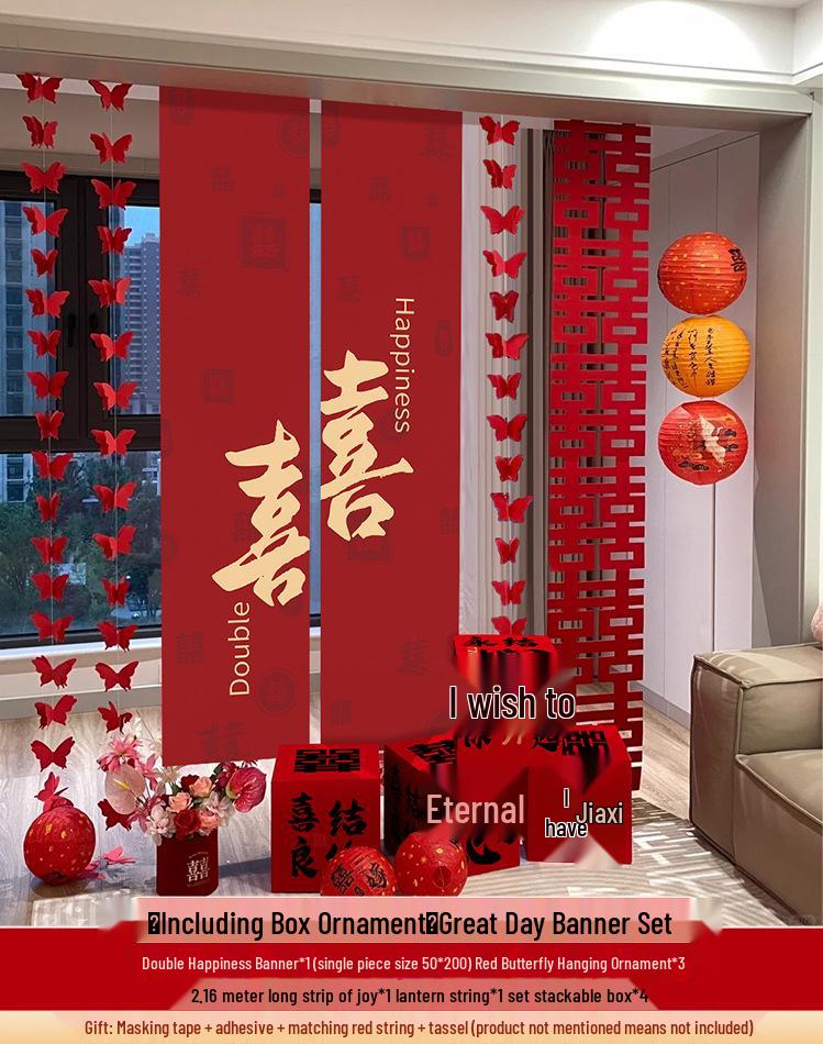 Double Happiness Wedding Room Cloth Banner Set for Ceremony and Hotel Décor