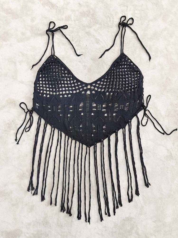 Summer Casual Hollow Out V Neck Bikini Blouse Women Design Sexy Loose Sleeveless Lace Up Sling Top Female Vintage Patchwork Tassels Off Shoulder Tops