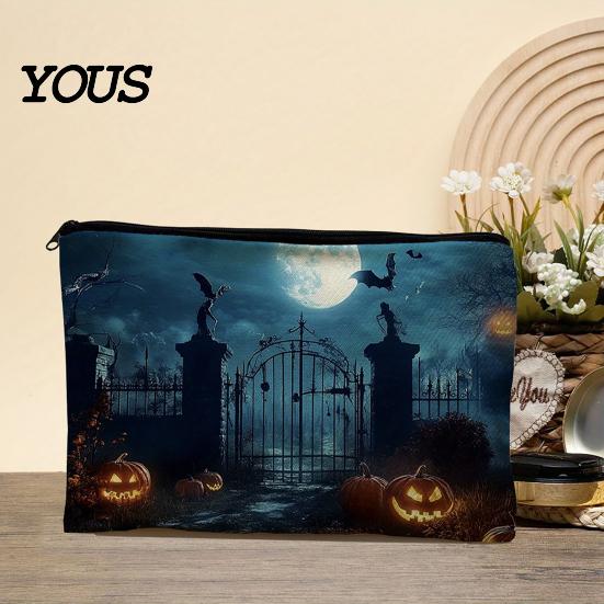 Themed Cosmetic Travel Bag Storage Bag, with Halloween Pumpkin Ghost Print, Smooth Festive Desktop Zipper Canvas Makeup for Organizer