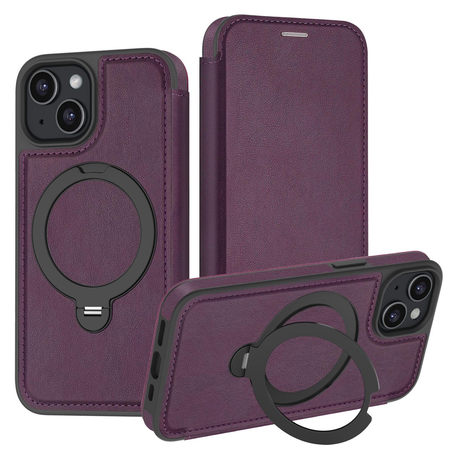 For iPhone 15 Case Compatible with MagSafe RFID Blocking Leather Wallet Cover with Rotating Ring Kickstand