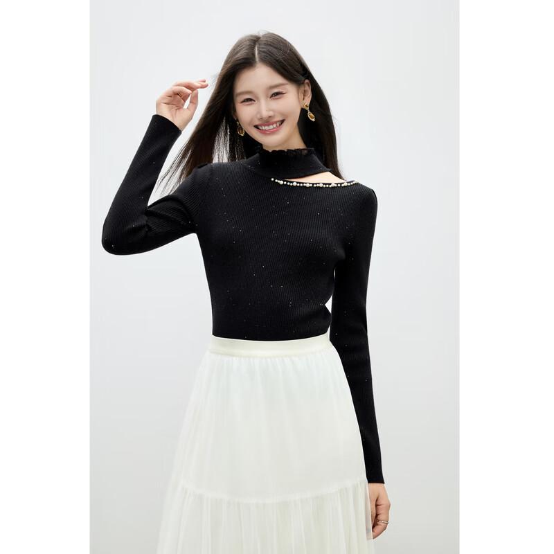 

Elegant Ruffle Trim Semi-High Neck Off-Shoulder Knit Sweater XL