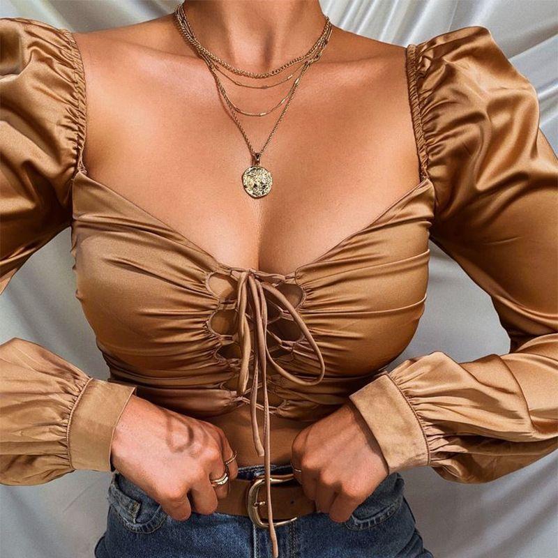 

Tie Long Sleeve Slim Fit Cropped Shirt Lace-up Long Sleeve Pleated Short Shirt WHITE S