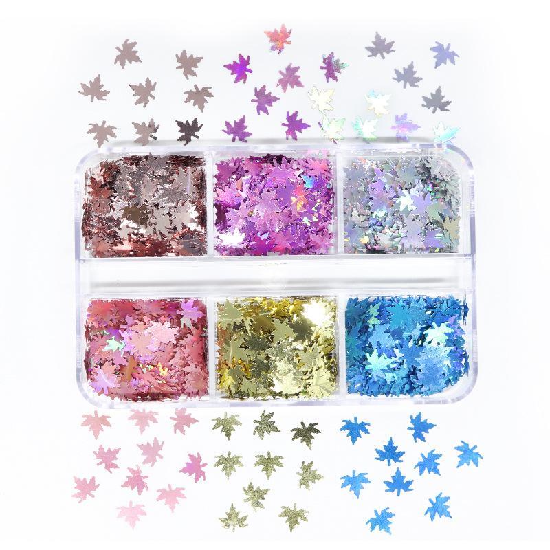 1 Set Shiny Mix Laser Nail Flakes 3D Leaf Nail Decoration 6 Grids Holographic Red Leaves Nail Glitter Sequins