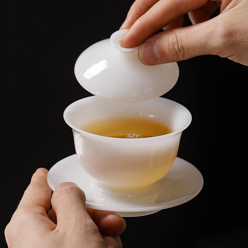 Pu Jade Porcelain Tea Set, Cover Bowl, Tea Cup for Home Use, High-end Gifts for Customers, Business Company Gifts