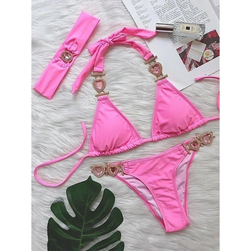 

2025 Блискуче стразове діамантове бікіні Жіночий купальник Жіночий купальний костюм Комплект бікіні з двох частин Халтер Металеві ланцюжки Купальний костюм M