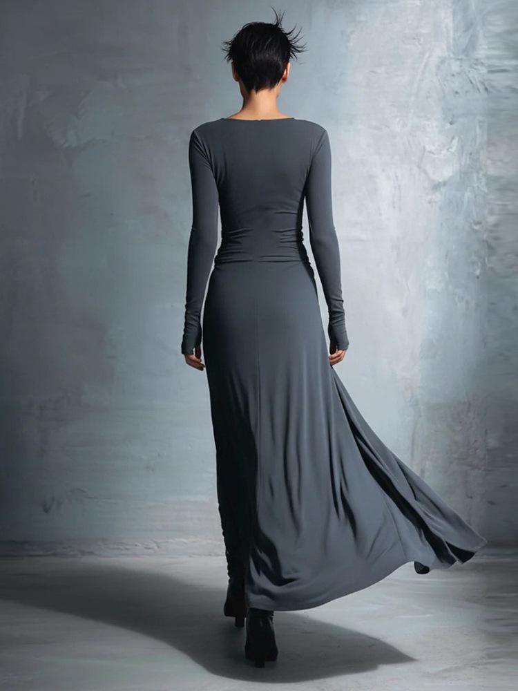 2025 Women's Autumn/Winter Solid Color Long Sleeve Wrap Dress with Knot Detail