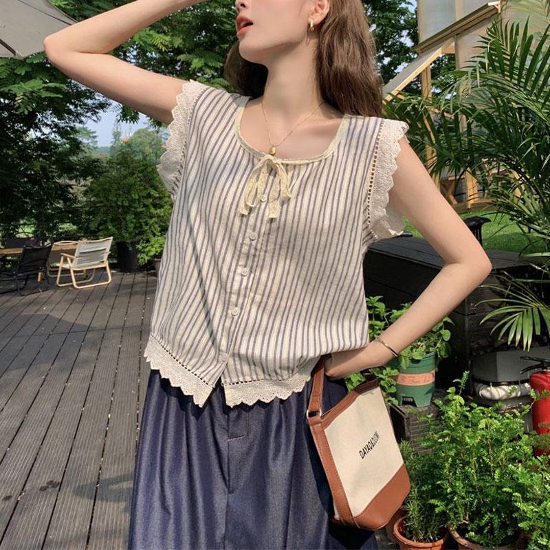 Striped Fashion Lace Hollow Out Blouse O-Neck Summer Casual Sleeveless Spliced Women's Clothing Single-breasted Straight Shirt
