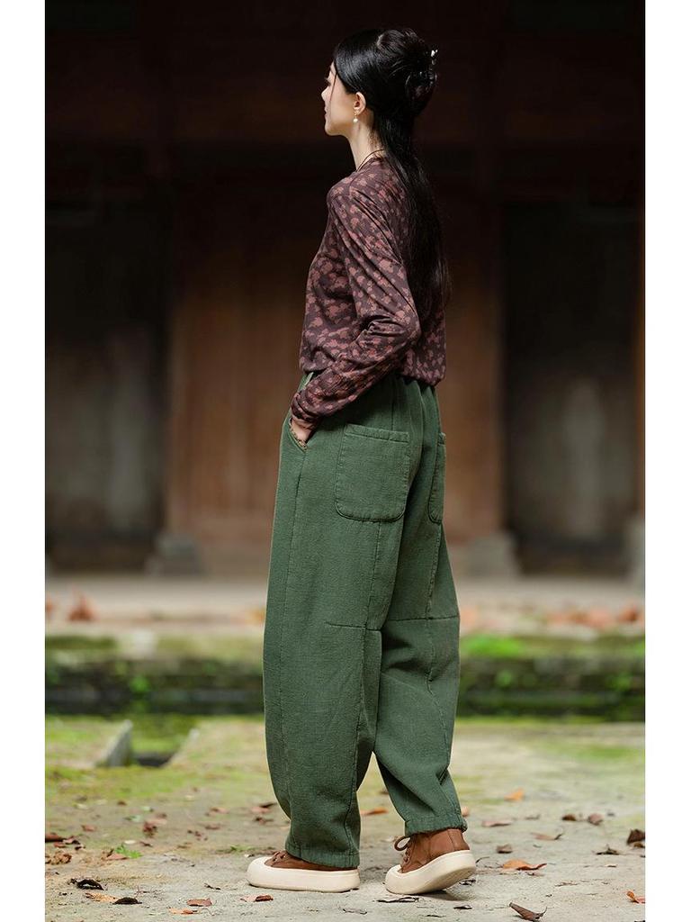 Women's Retro Winter Distressed Patchwork Velvet-Lined Linen Lantern Pants