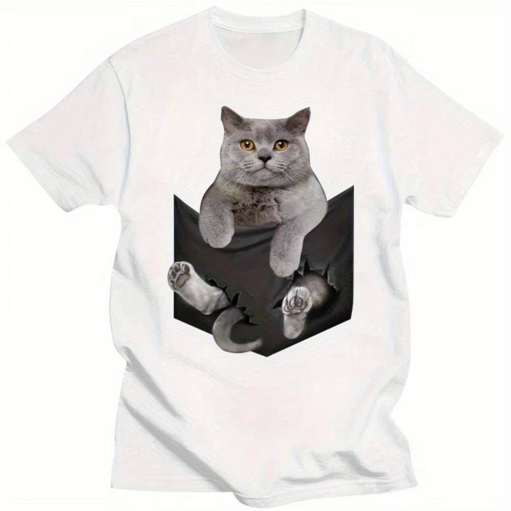 

Men s Cotton T-Shirt with British Shorthair Cat Peeking From Pocket Casual Short Sleeve Round Neck Tee Machine Washable - Men... S разноцветный
