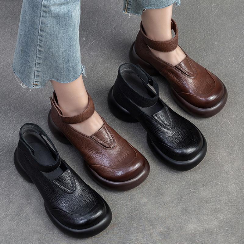 Johnature Genuine Leather Round Toe Thick Sole Pumps Casual Comfortable Hook & Loop Women's Shoes