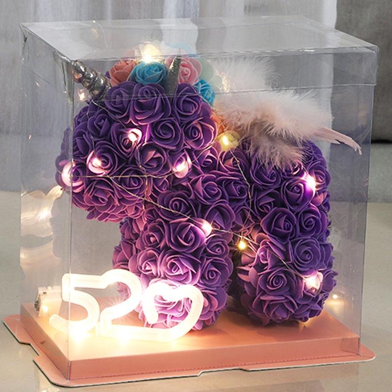 23*23CM Artificial Flower Unicorn with Wings PE Foam Flower Rose Rabbit Valentine's Day Wedding Gift Anniversary Festival Gift Box for Girlfriend