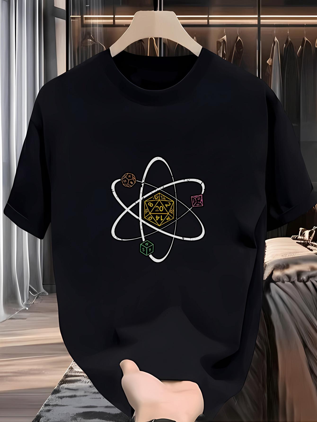 Casual Crew Neck T-shirt with D20 Dice Print – Black Graphic Tee with Colorful Dice Design S