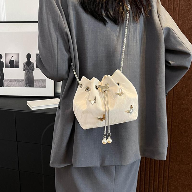 Elegant Women's Drawstring Bucket Butterfly Chain Shoulder Bag Fashion PU Top-Handle Solid Color Crossbody Bag KTY