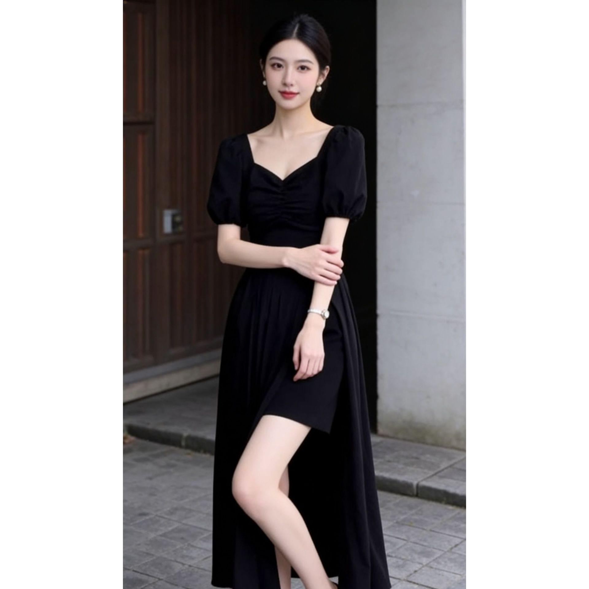 

French Retro Slim-Fit V-Neck Asymmetric Split Long Dress, Korean Style Design 2XL [130-145] чёрный