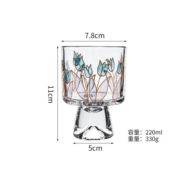 Křišťálový skleněný hrnek s rukojetí, trojrozměrně malovaný hrnek na červené a bílé víno, kreativní sklenice na kávu s motivem sněhové hory a tulipánu