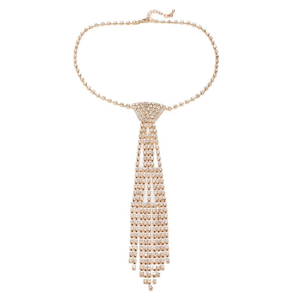 Charm Tie Shape Necklace Exaggerated Crystal Chain Choker Rhinestone Tassel Necklace  Party