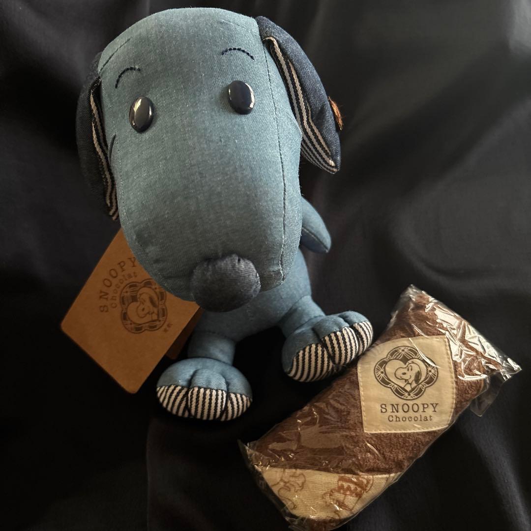New SNOOPY Chocolat Kurashiki Limited Denim Stuffed Toy & Handkerchief Set