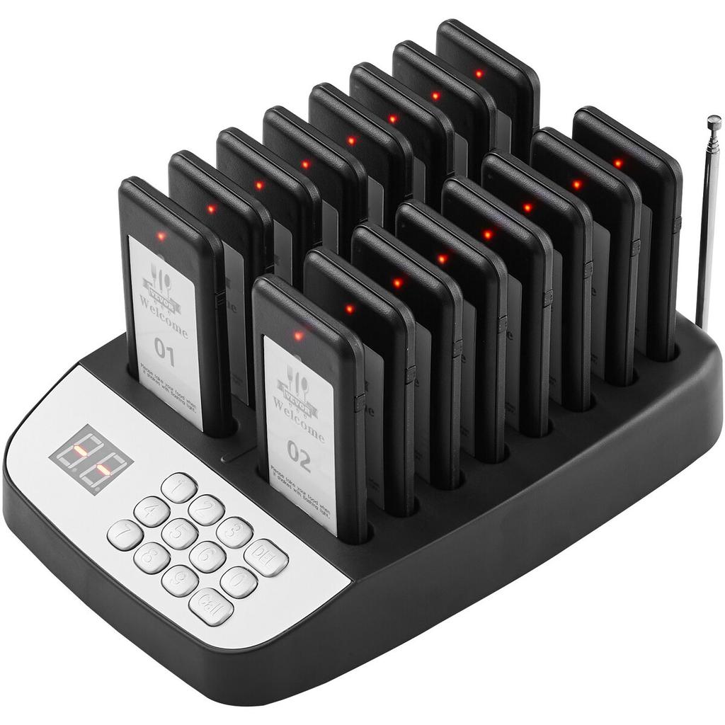 Restaurant-Pager-System, Kabellos 500m Reichweite Aufstell-Warteschlangen-Signal, Gäste-Kunden-Ruf-Piepser mit Vibration & Blinken, 16 Piepser