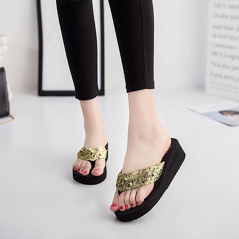 2024 Women Summer Sequins Flip Flops Woman Beach Bohemian Slippers Ladies Platform Mid Heels Shoes Sapato Feminino 785kj