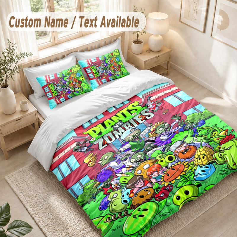 Plants Vs. Zombies Bedding Set, 1 Duvet Cover & 2 Pillowcases Soft Comfortable Bedroom Home Textile Decor