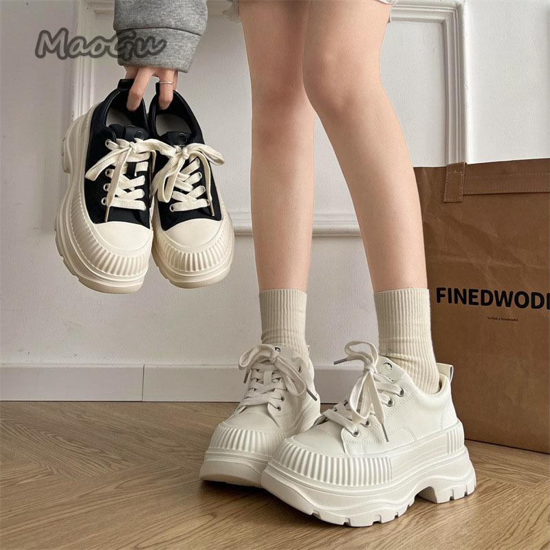 Fashion Thick Bottom Women's Casual Shoes Chunky Sneakers Black Beige Lace Up Height Increasing Sneakers for Woman Zapatillas De Mujer