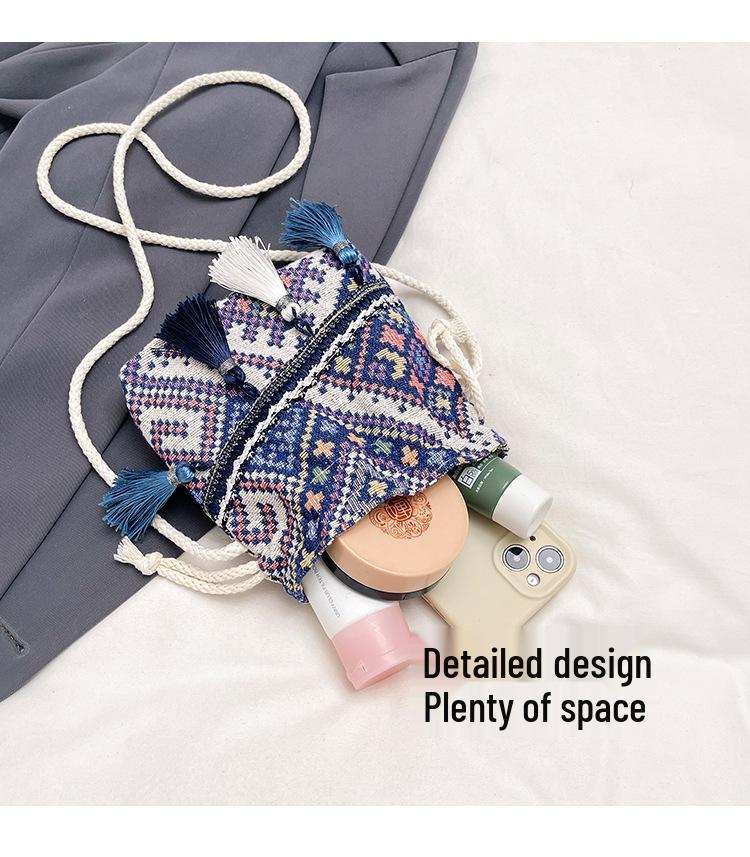 Ethnic Style Women's Tassel Drawstring Crossbody Bag