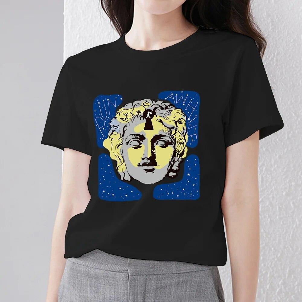 Retro Frauen Kleidung T-shirt Casual Slim Top Einfache Schwarz Pendler Kurzarm Lustige Skulptur Print Damen Mode O-ansatz Top