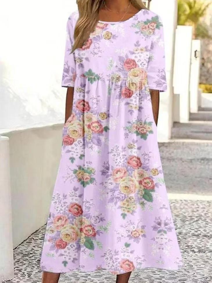 Light Gray Yellow Flower Printed Cotton and Linen Long Dress Round Neck Seven-quarter Sleeve Belly Cover Lazy Versatile Seaside Vacation Pocket Dress