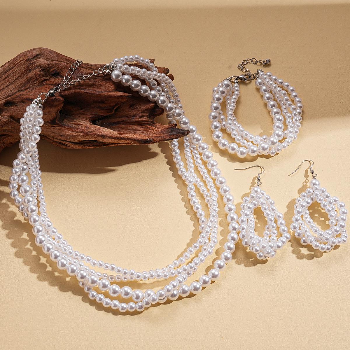 Three-piece imitation pearl beaded multi-layer winding adjustable sweater chain necklace